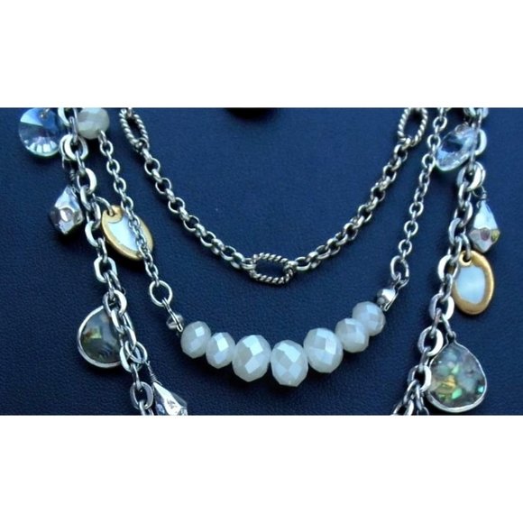 Ann Taylor Loft Silver Tone Multistrand Necklace w/ Faux Labradorite MOP & Cryst - Picture 3 of 5